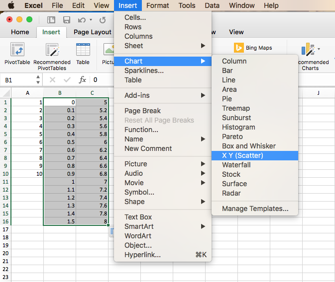 insert a scatter plot from the menu