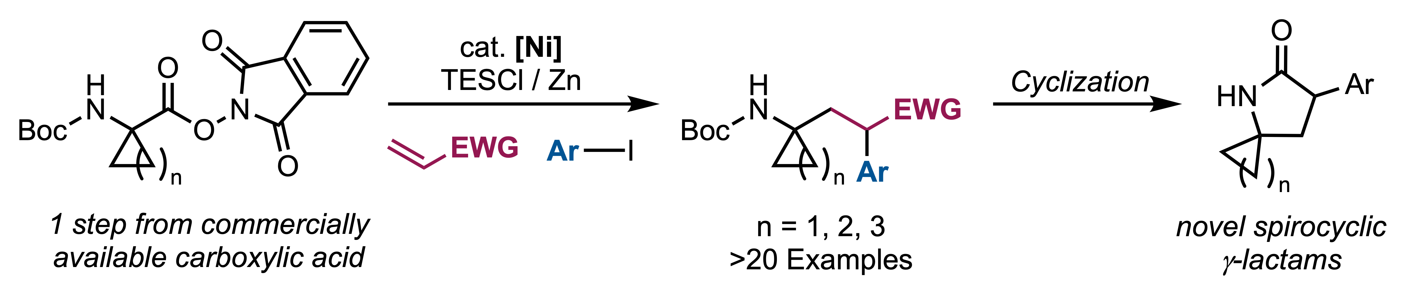 A TOC graphic displaying Ni-catalyzed 3-component coupling between NHP esters, acrylates, and aryl iodides to yield spirocyclic gamma-lactams.