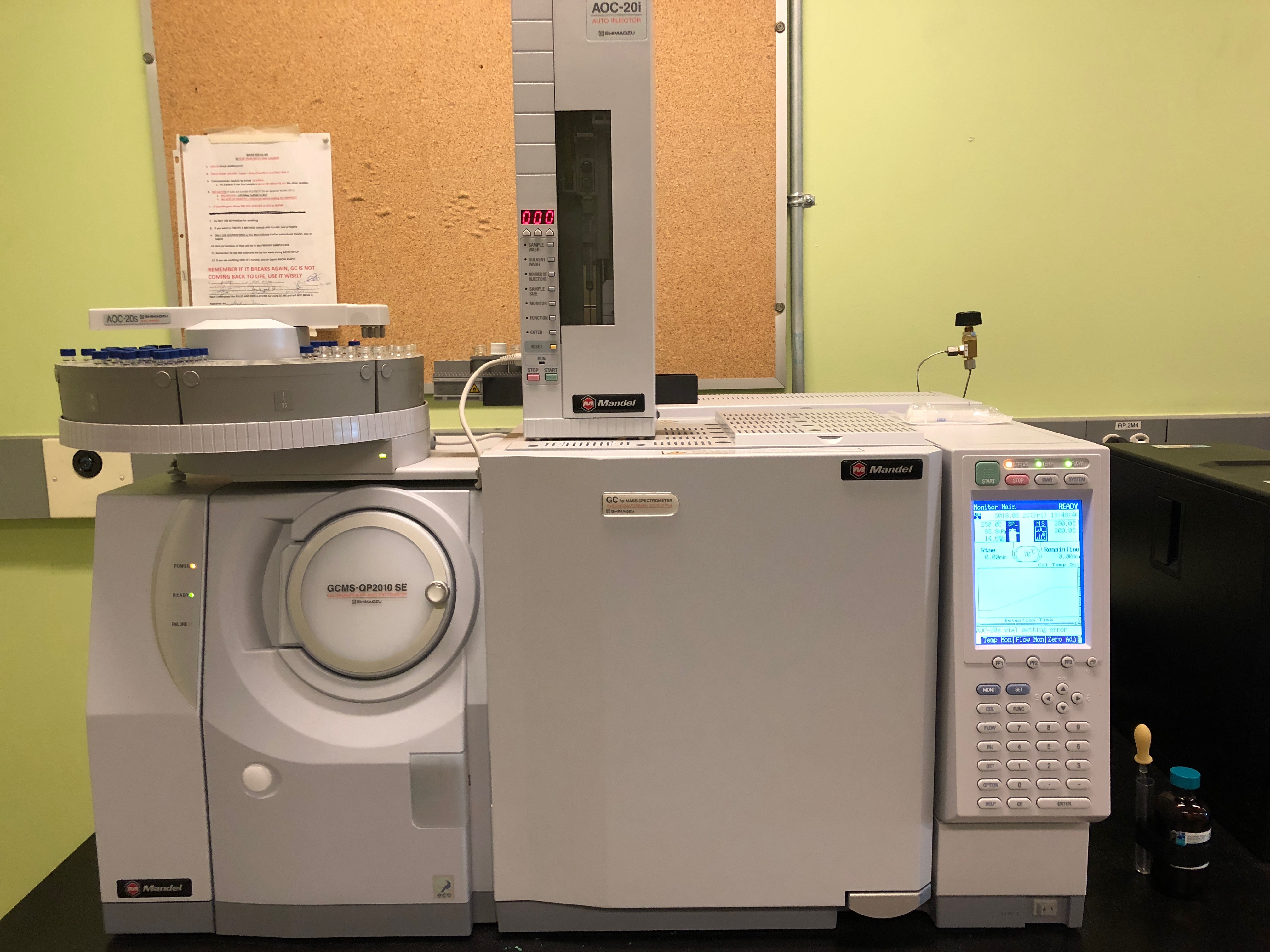 GC/MS sitting on a benchtop in the instrument room used for analyzing samples 