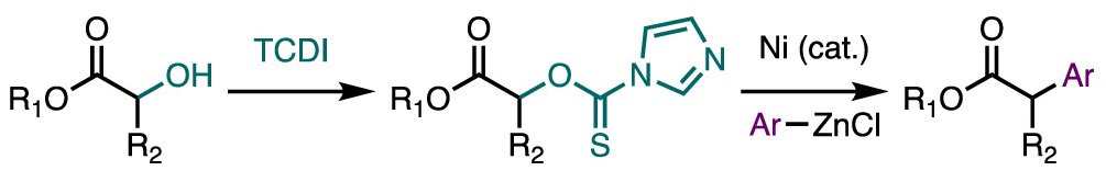 A ChemDraw scheme showing the conversion of alpha-hydroxy esters and thiocarbonyl imidazolides to alpha-aryl esters products via nickel catalysis.