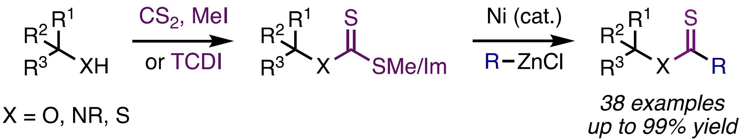 A ChemDraw scheme showing the conversion of alcohols, amines, and thiols to thiocarboxylic acid derivatives using nickel catalysis.